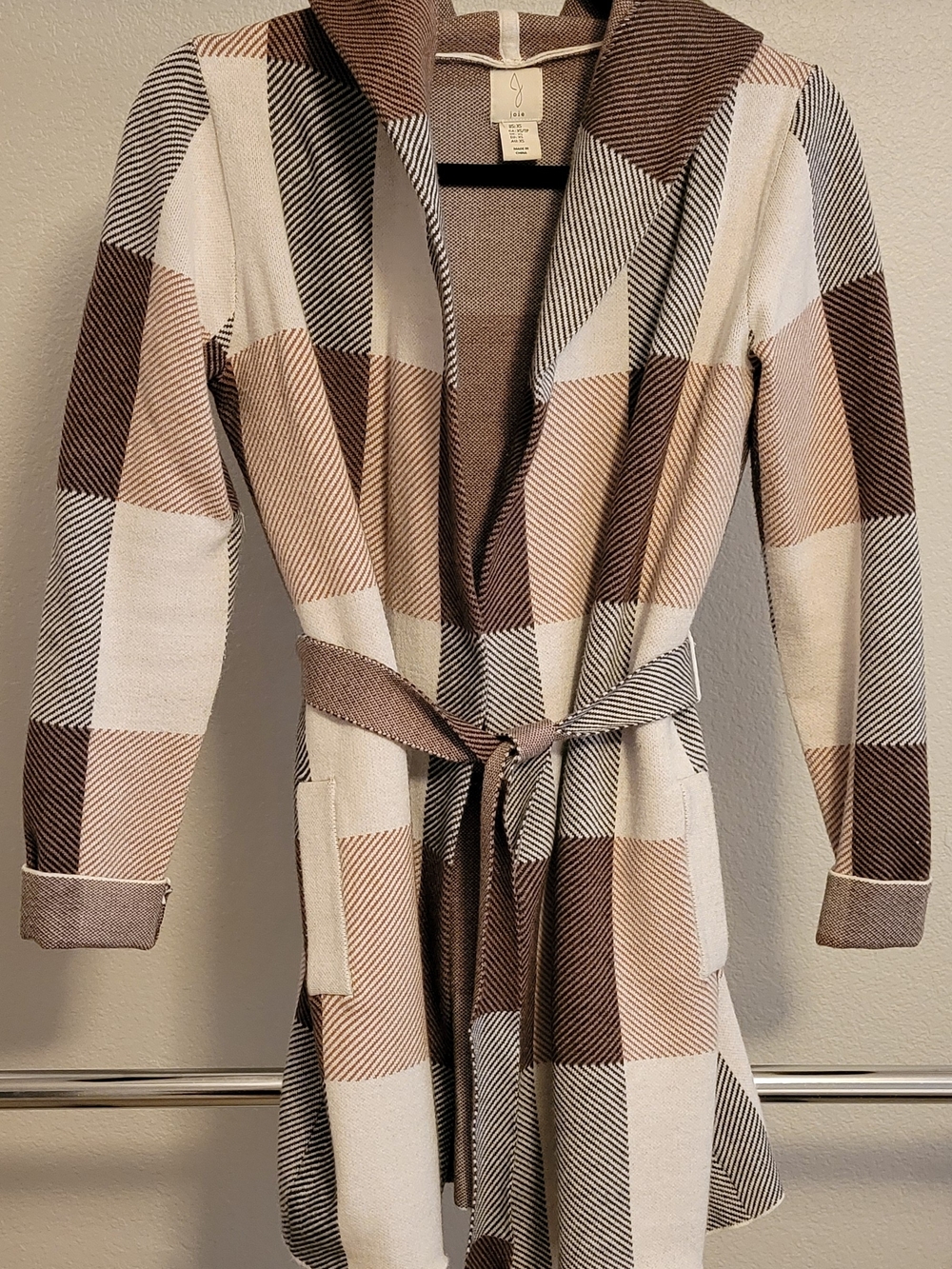 Joie Hooded Plaid Knit Cardigan in Cream and Brown